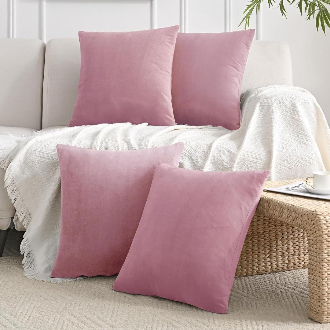 JELLYMONI Velvet Throw Pillow Covers Set of 4, 18 x 18 Inch Blush Pink Decorative Cushion Covers, Soft Square Pillowcases for Sofa, Couch, Bed  No Insert Included