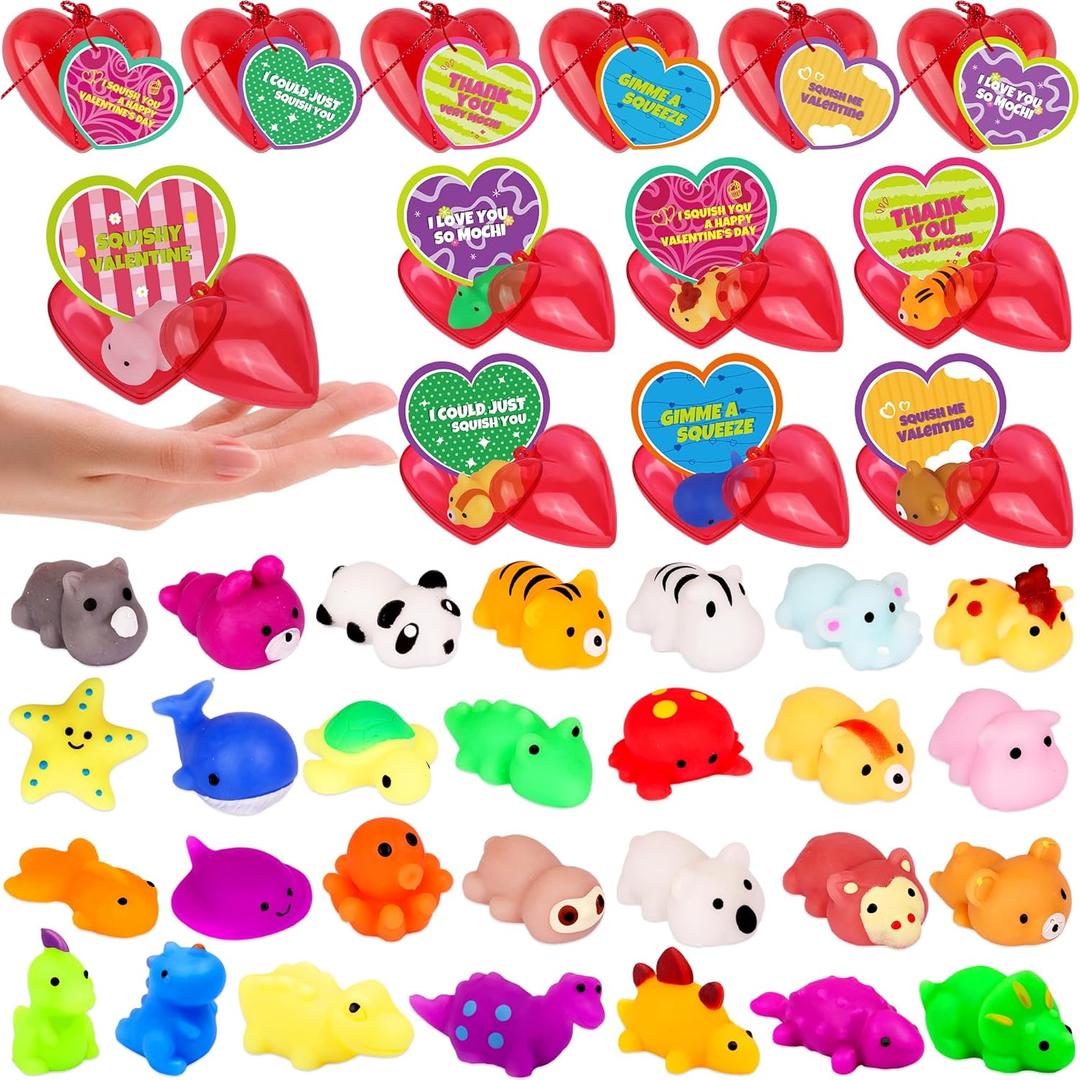28 Pack Valentines Day Gifts for Kids Classroom Mochi Squishies Fidget Toys Filled Heart with Valentines Cards for Kids School, Valentines for Class Valentines Exchange Cards Party Favors Prizes