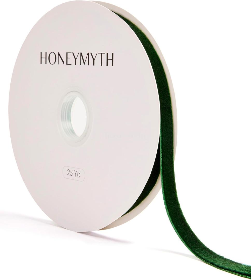 Velvet Ribbon 25 Yards Continuous Roll, Soft Fabric Craft Ribbon for Gift Wrapping, Christmas Tree Ornaments, Wedding Bows, Holiday Party Decoration (Green, 3/8 inch)