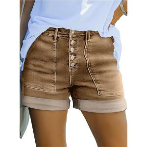Womens Jean Shorts High Waisted Stretchy Buttoned Folded Hem Zimbaplatinum Denim Shorts, Size 6, Brown