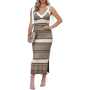 Saodimallsu Womens Summer Midi Bodycon Sweater Dress Sexy V Neck Tie Shoulder Striped Knit Side Slit Sleeveless Tank Dresses (XS)