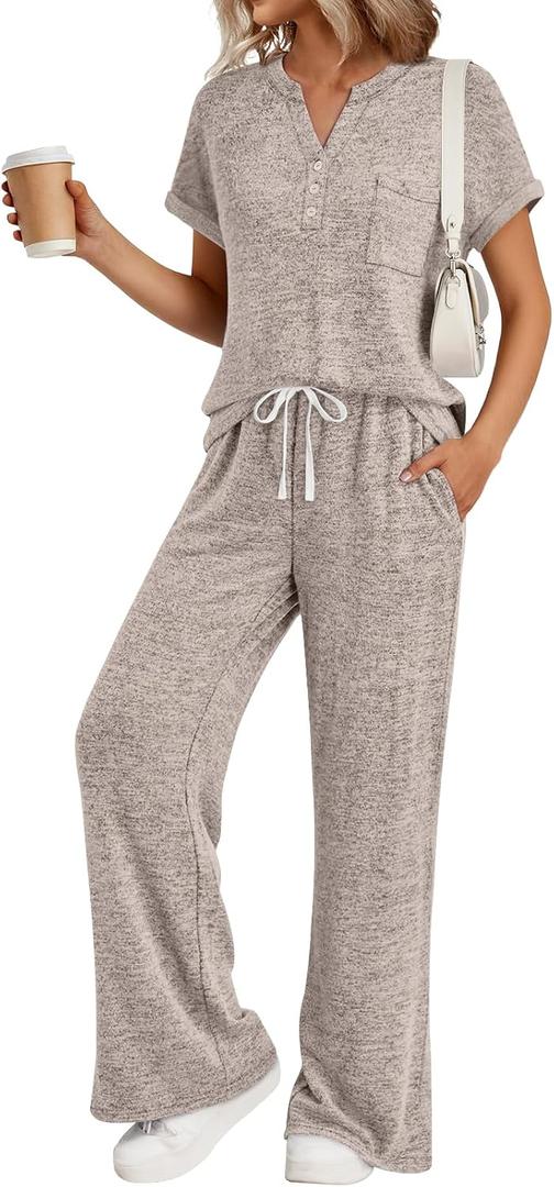 Trendy Queen 2 Piece Lounge Sets for Women Summer 2026 Henley Sweatsuit Travel Vacation Airport Outfits Pajamas Sets, 2XL