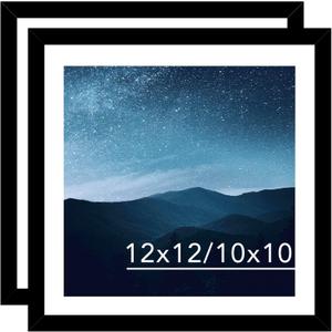 12x12 Picture Frame Set of 2 Black with 10x10 Mat for 30 x 30cm Diamond Art Painting, Display Photo 12 x 12 Without Mat, Wall Hanging Large Frame with Plexiglass, 2 Pack