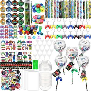 HyDren 212 Pcs Video Favors Set Includes Giant Lollipop Container Slap Bracelet Keychains Gift Tags Stamps Stickers Bag Twist Ties Sharpener Tattoo Badge Eraser for Birthday