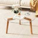 Glass Coffee Table, Small Round Coffee Tables with Solid Wood Legs, Mid Century Modern Center Table with Glass Top for Small Spaces, Living Room, 31.5x31.5x15.4