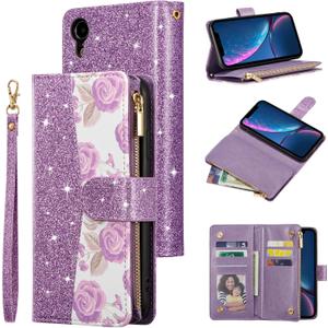 QLTYPRI Wallet Case for iPhone XR, Premium PU Leather Zipper Pocket Case with Card Holder Slots Magnetic Closure Kickstand Wrist Strap Shockproof Flip Cover - Purple Glitter Rose Flower