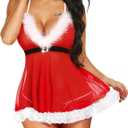 RSLOVE Women's Sexy Santa Christmas Lingerie Set Babydoll Lace Chemises Sleepwear S