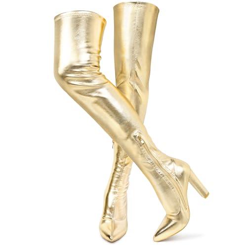 Wsheliu Metallic Gold Thigh High Boots Women Chunky Heel Faux Leather Over The Knee Boots Tall Boots Pointed Toe 2024 GOGO Boots Knee High Boot Zipper Winter Boots Size 7.5