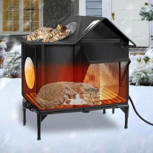 Heated Outdoor Cat House Weatherproof with Heating Pad, Insulated Feral Cat Houses for Outdoor Cats, Safe Escape Door, Heated Cats House for Outside, Outside Stray Cats Shelter with Elevated Base(S) (S(17.3 * 12.6 * (11.8+5.9) In))