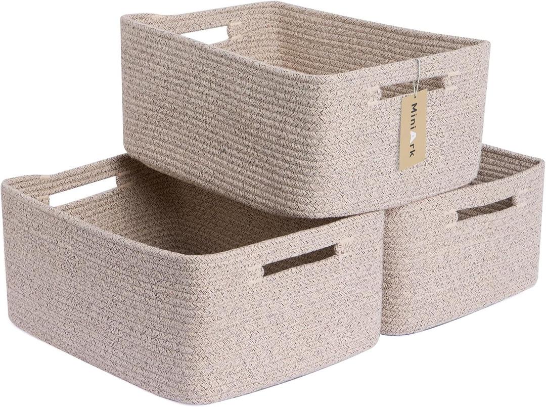 MiniArk Large Storage Baskets for Shelves, Closet Organizers Bins for Clothes Blanket Towels, Baby Nursery, Toy Baskets Box, Woven Rope Baskets, 17 x 13 x 7.5, 3 Packs Mixed Brown