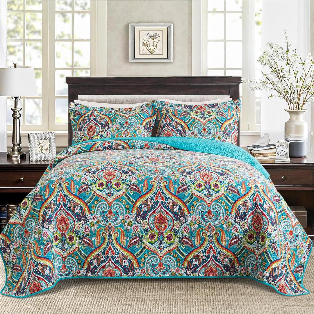 BEDISELY Quilts Queen Size, Soft Cotton Queen Quilt Bedding Set, Damask Bedspread Queen Size-Lightweight Reversible Bedspread Coverlet Suitable for All Season (90 X 98 Inch, Teal) (Boho)