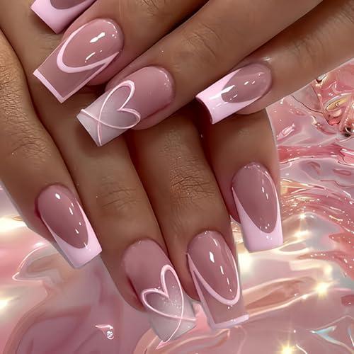 24Pcs Valentines Day Press on Nails Medium Square WLGDLH Pink French Fake Nails with Pink Heart Design Nude False Nails Small Nail Tips Acrylic Glue on Nails Glossy Stick on Nail for Women