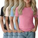 LessonZoo 4 Pack Girls Short Sleeve Tops Ribbed Cotton Lettuce Trim T Shirts Crew Neck Cute Basic Tees for Kids Teen 5-14Y(Black, Cream, Peach, Ice Blue,13-14y)