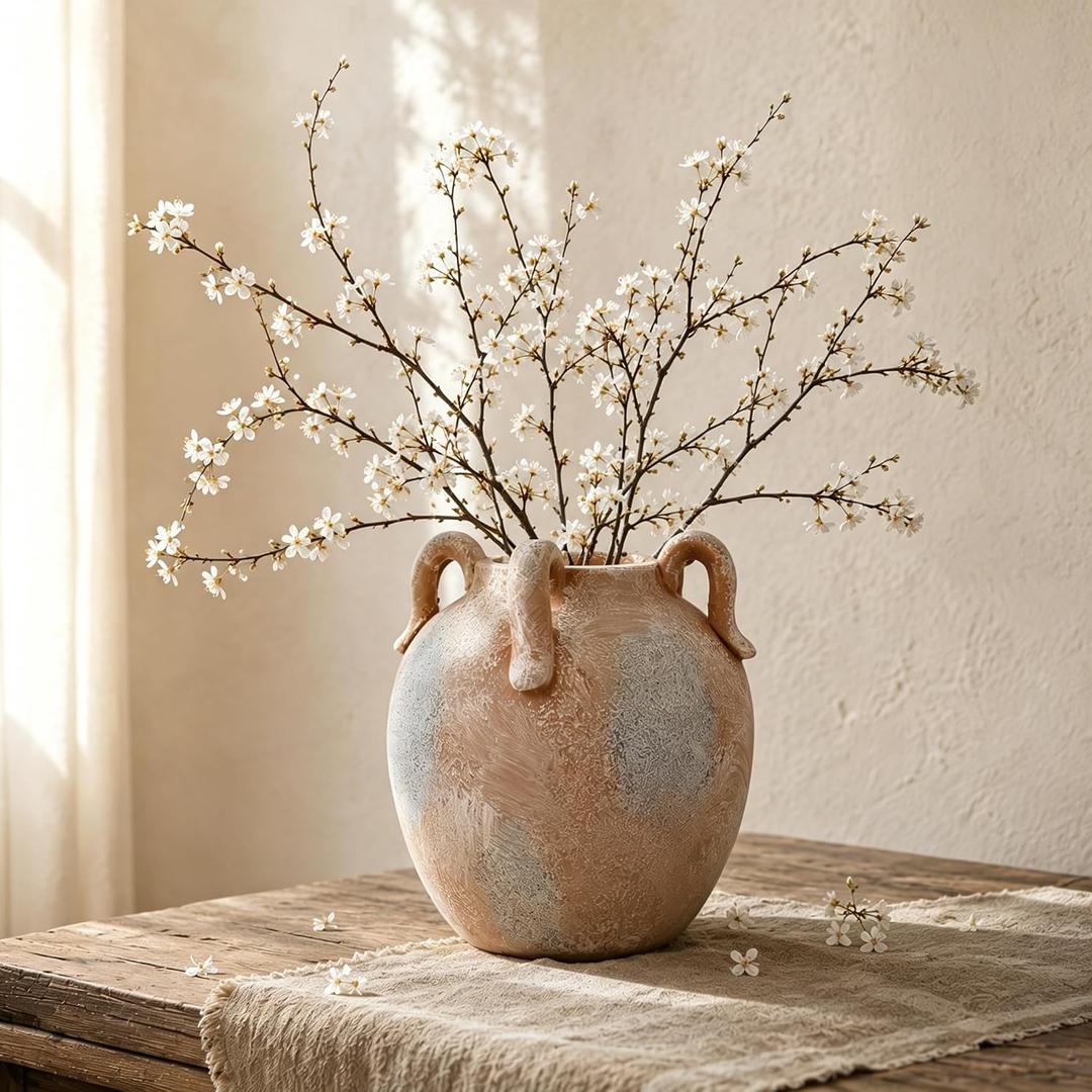 Handemade Large Round Ceramic Vase,8" Farmhouse Rustic Vase with 4 Handles