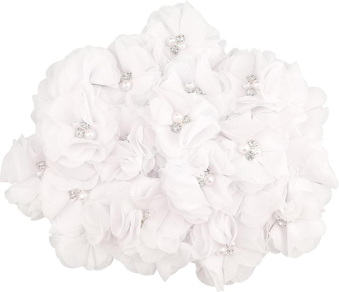 30 PCS Rhinestone Pearl White Chiffon Flower Sewing Fabric Appliques for Clothing, Headbands Flower, Crafts, Party Decoration, Sewing Applique