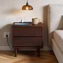 Solid Wood Nightstand with Charging Station,USB-C Port, 15.7 inch Wide End Table with 2 Drawers, Modern Wood Bedside Table for Bedroom(Walnut)
