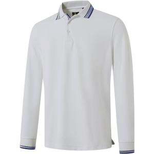 Men's Pique Polo Shirts Long Sleeve Cotton Blend Tipped Casual Collared Polo Shirts Business Classic Fit (White, L)