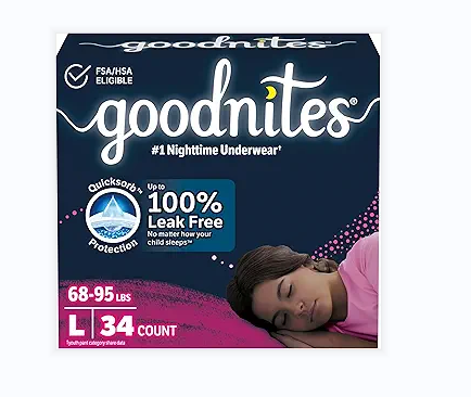 Goodnites Girls' Nighttime Bedwetting Underwear, Size Large (68-95 lbs), 75 Ct (3 Packs of 25), 