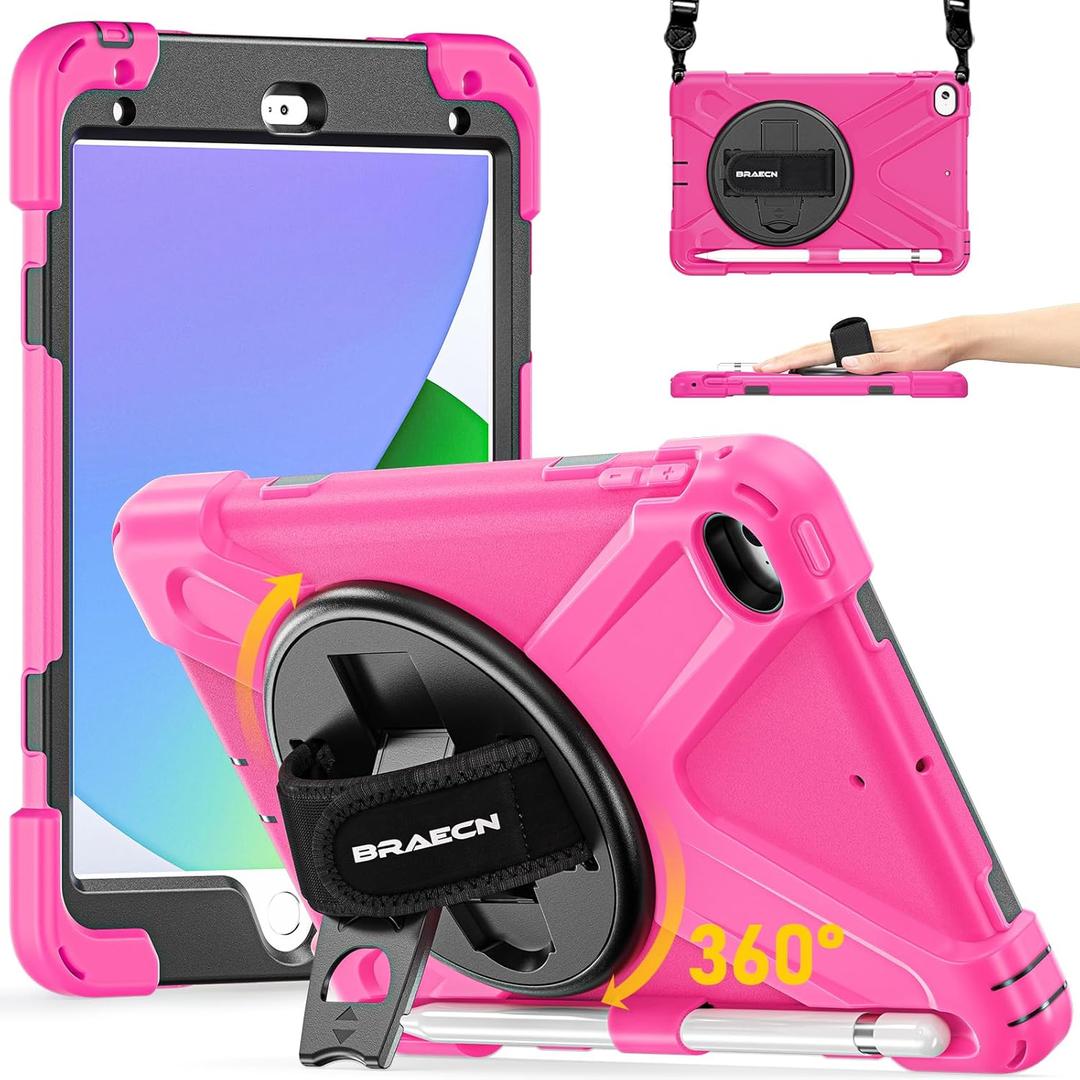 BRAECN iPad mini 5 Case,iPad mini 4 Case, Heavy Duty Shockproof Protective Rugged Case with Pencil Holder,Hand Strap,Kickstand, Shoulder Strap for iPad mini 5th/4th Generation 7.9 Inch for Kids (Rose red)