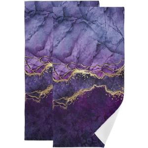 Purple Marble Hand Towels for Bathroom Set of 2 Abstract Gold Texture Aesthetic Soft Absorbent Kitchen Towel Modern Elegant Art Decorative Bathroom Towels for Bath Guest Shower Face Hair Gym 14"x28"