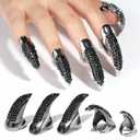 10PCS Adjustable Claws Ring Set Fake Nails Finger, Gothic Punk 3 Sizes Crystal Retro Metal Nail Rings Jewelry Fingertip Vampire Demon Cat Cosplay Accessories Women Costume Black