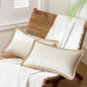 Phantoscope Pack of 2 Farmhouse Decorative Throw Decorative Pillow Cover Burlap Linen Trimmed Tailored Edges Off White, Plain, 12 x 20 inches, 30 x 50 cm
