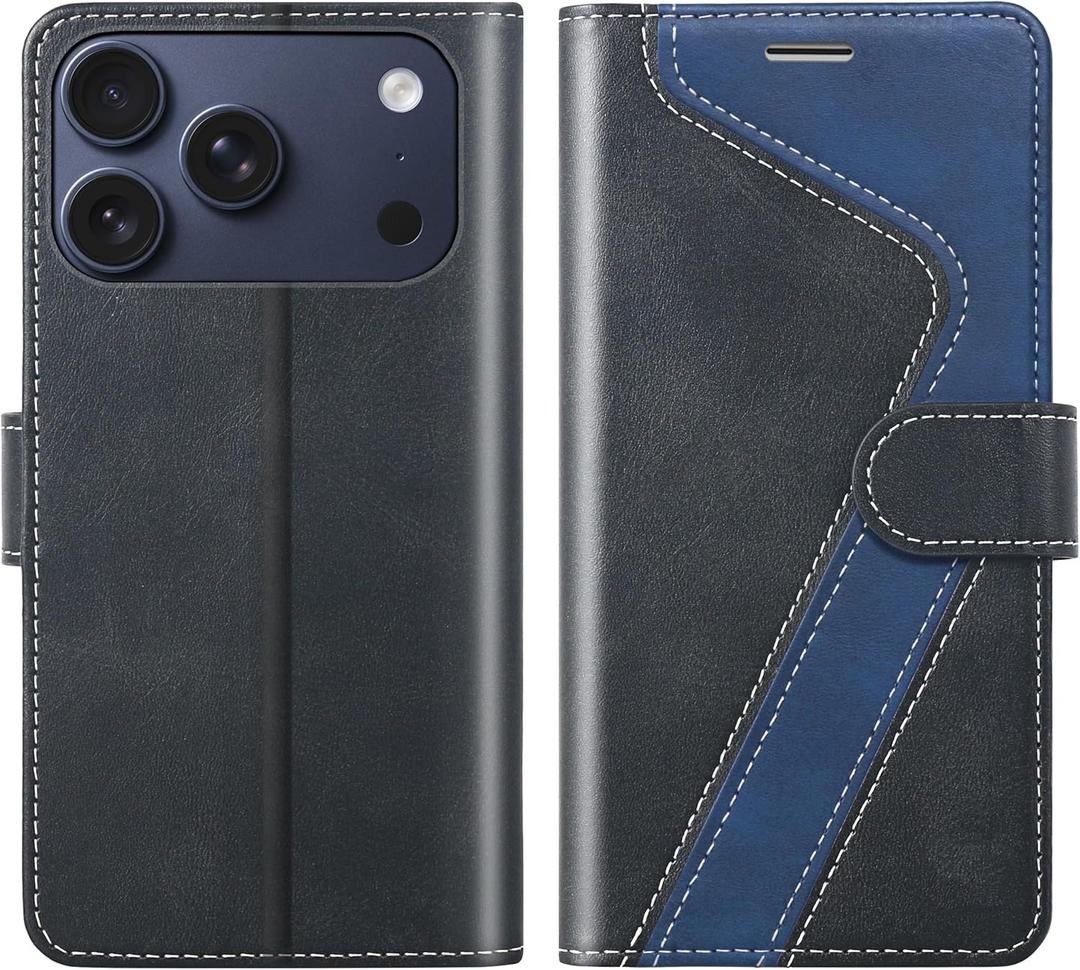 for iPhone 17 Pro Wallet Case,PU Leather Flip Case RFID Blocking Credit Card Holder Folio Magnetic Stand TPU Shockproof Cover Compatible with iPhone 17 Pro, Black Blue