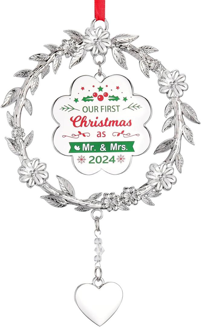 5 x Our First Christmas Ornament 2024, Metal Just Married Christmas Ornament as Mr and Mrs, 1st Christmas Married Ornament 2024, Bridal Shower Wedding Newlywed Gifts for Couple for Christmas Decoration