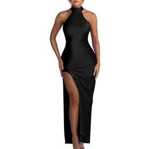 Memoriesea Women's Sexy High Split Sleeveless Backless Party Wedding Maxi Dress (Black, S)