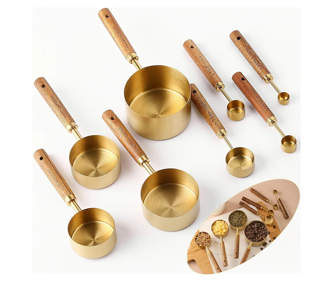 Pcs Measuring Cups and Spoons Set - Golden Stainless Steel Measuring Cups with Wooden Handle, Metal Measuring Spoons Set Nesting Kitchen Measure Set for Kitchen/Food/Baking (8Pcs Wooden Handle)
