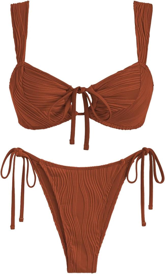 ZAFUL Women's Cinched Bikini Solid Color Wave Textured Knotted Tied Side Two Piece Swimsuit Bathing Suits (1-caramel), S