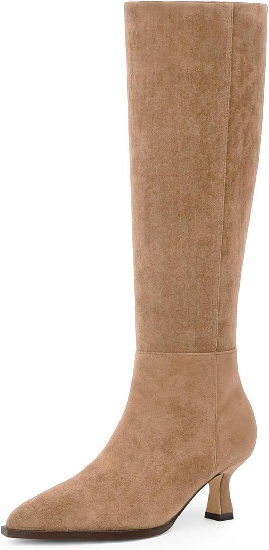 Modatope Knee High Boots Kitten Low Heel Faux Leather Pointed Toe Side Zipper Fall Long Tall Boots for Women (9, Tan Suede)