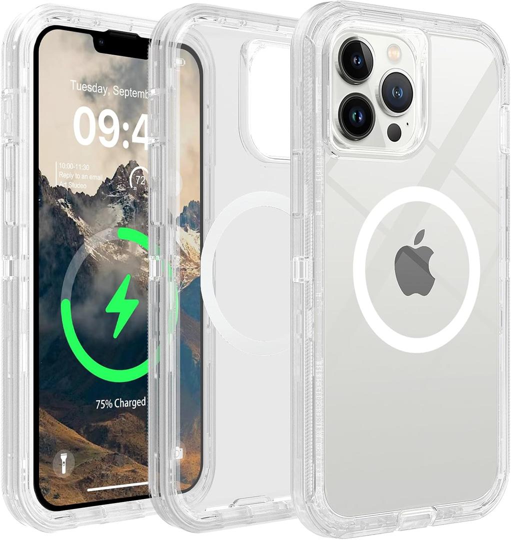 TUTUKII for iPhone 13 Pro Max & iPhone 12 Pro Max Clear Case, Compatible with MagSafe, Anti-Yellowing, Shockproof, Dropproof, Heavy Duty Protection, Triple Layer Magnetic Phone Case Cover, 6.7", Clear