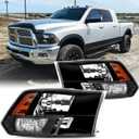 Headlights Assembly Compatible with 2009-2018 Dodge Ram 1500 2500 3500/2019-2022 Ram 1500 Classic Headlamp Replacement Black Housing Amber Reflector Passenger and Driver Side (Only for Quad Models)