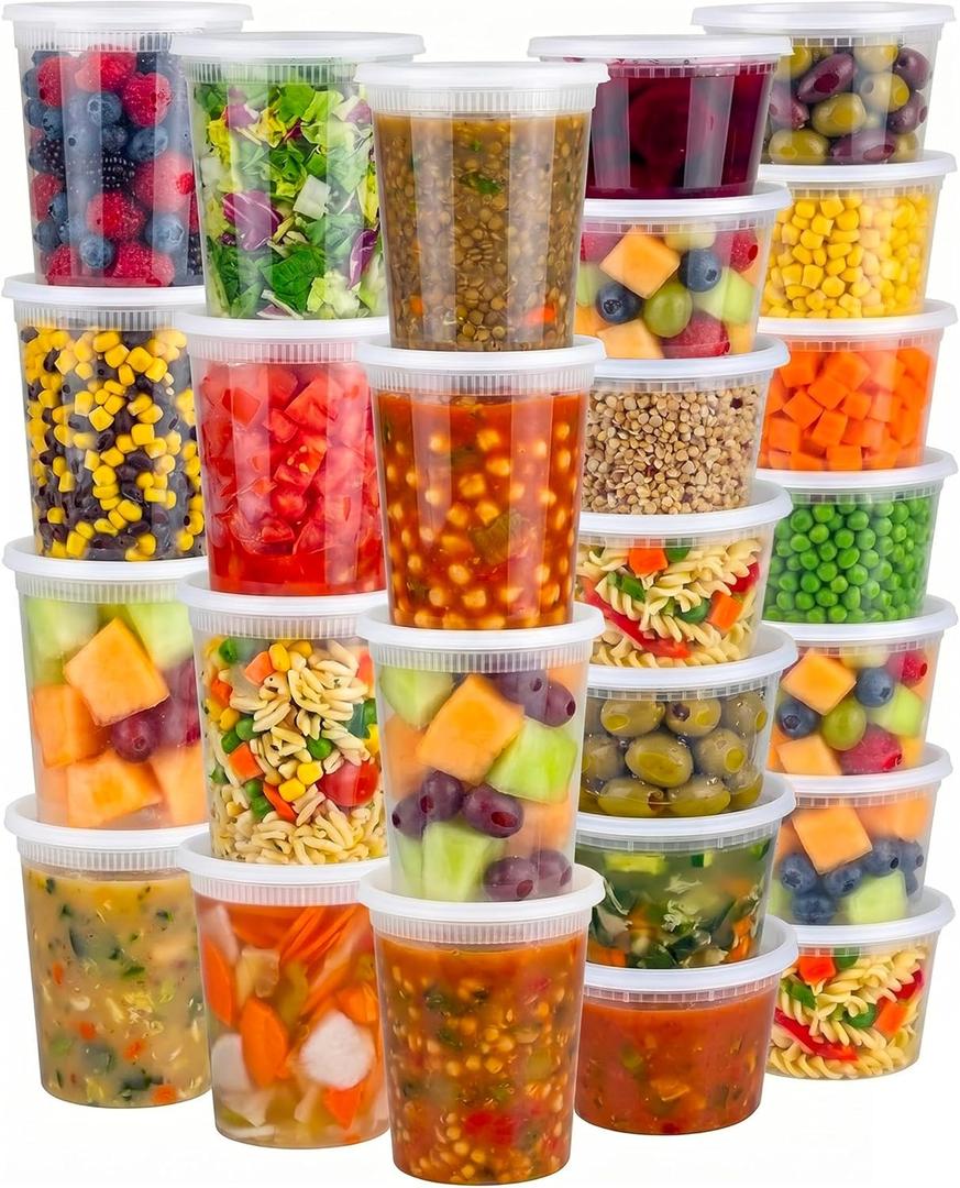 JoyServe 48 Sets Deli Containers with Lids 16oz & 32oz Leak Proof, Microwaveable, Dishwasher & Freezer Safe Plastic Food Storage & Soup Containers
