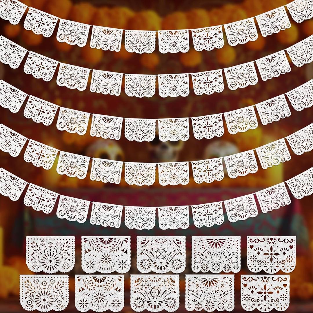 Oudain 5 Pack Waterproof Felt White Papel Picado Banner, 85 ft Papel Picado Baby Shower White Mexican Banner Cielito Lindo Fiesta Wedding Birthday Dia De Los Muertos Party Decoration, 5 Patterns