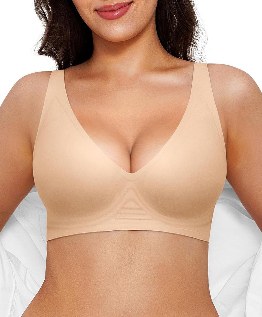 Popilush Wireless Bras Women Seamless No Underwire Push Up Bra Supportive Deep V Bralette Everyday Comfortable T-Shirt Bra, Large, A-skin