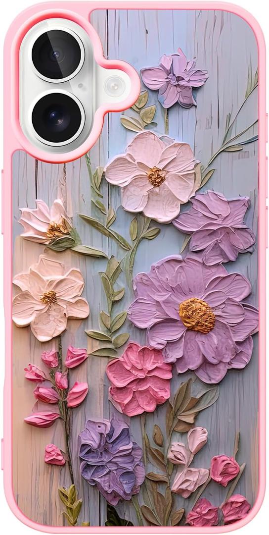 Case for iPhone 16 Plus, Cluster Floral Real Flowers Phone Case for Women, Slim Durable Protective Cover with Oil-Painting Art Design, Military-Grade Drop Protection, Pink 6.7" (iPhone 16 Plus (6.7 inch), Floral Cluster)