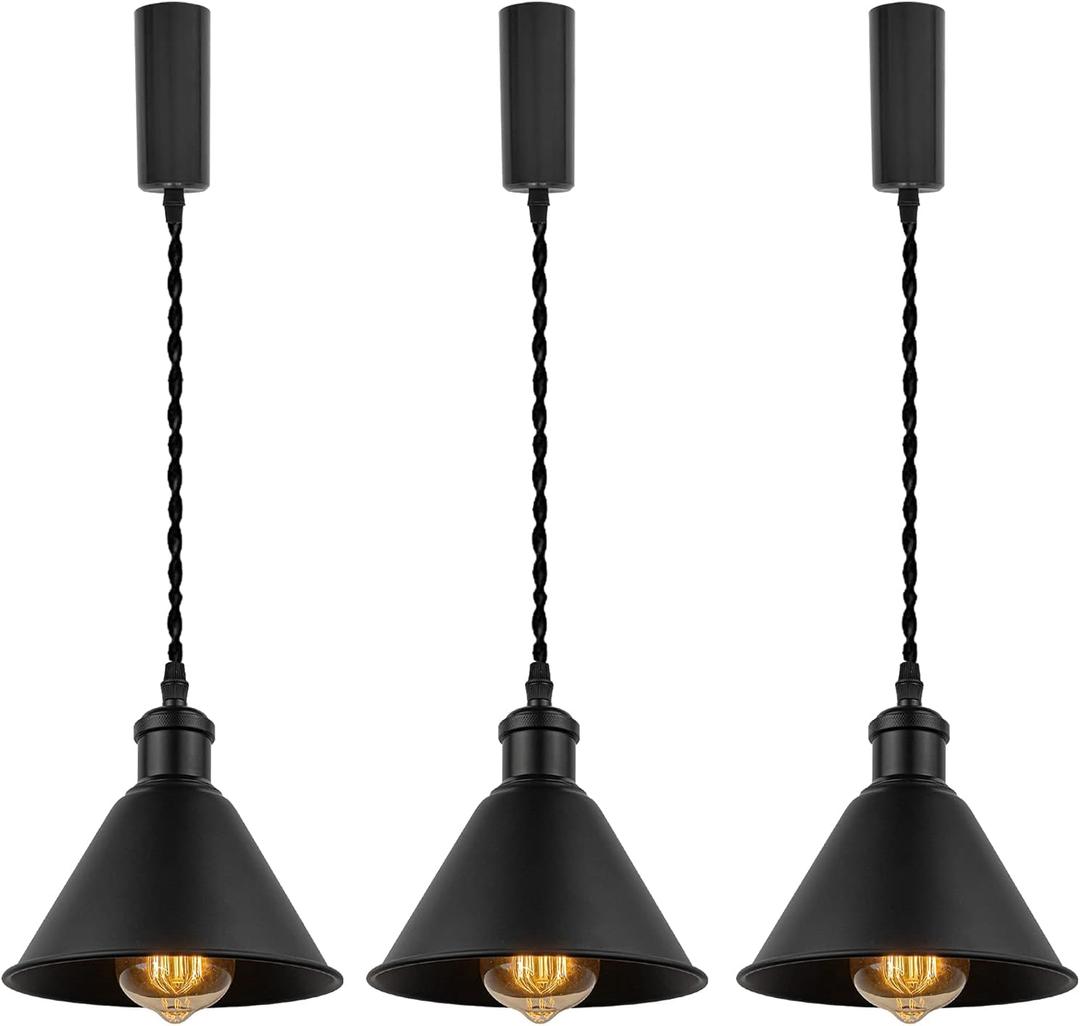 Set of Three Adjusted Wire Length H-Type Track Hanging Light 3.9 Ft Twisted Cord E26 Base Industrial Design Black Metal Pendant Light Fixture for Loft Aisle Bar(No Bulb & Track)