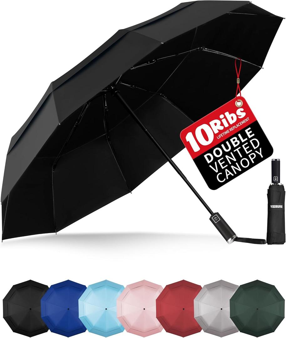 Yoobure Windproof Travel Umbrella, Automatic Umbrellas for Rain - Compact Folding Umbrella with UV Protection, Lightweight Portable Design for Backpack/Walking/Car, Sun & Storm Ready (Double Vented Canopy-Black)