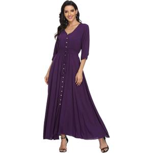 Summer Floral Print Maxi Dress Women Button Up Split Long Flowy Bohemian Beach Party Dresses Dark Purple, Medium