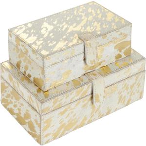 Deco 79 Leather Handmade Decorative Box Decorative Keepsake Boxes with Gold Foil Paint, Set of 2 Storage Boxes 8", 10"W, Gold