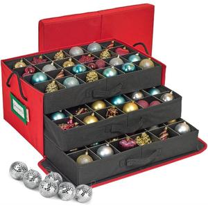 HOLDN STORAGE Christmas Ornament Storage Box with Dividers, Holds 72 Ornaments (3 Inch), Large Ball Storage Container with 3 Removable Trays, Durable and Portable - Red