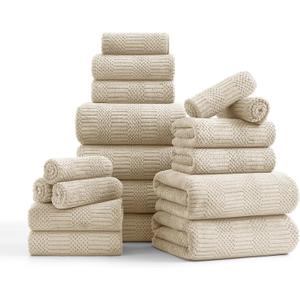 18 Pcs Camel Woven Family Towels Set-6 Bath Sheets,6 Hand Towels,6 Washcloths Soft Polyester Towels Absorbent Shower Towel Quick Dry Beach Chair Towel Lint Less Towels Set for Bathroom Spa Gym Hotel