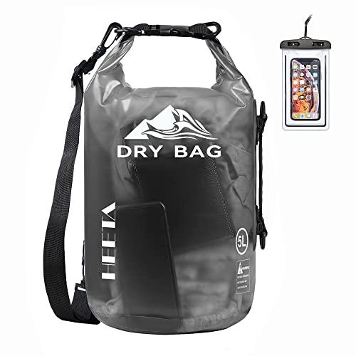 HEETA Dry Bag Waterproof for Women Men, Roll Top Lightweight Dry Storage Bag Backpack with Phone Case for Travel Swimming Boating Kayaking Paddle Board Camping Beach Accessories (Transparent Black, 5L)