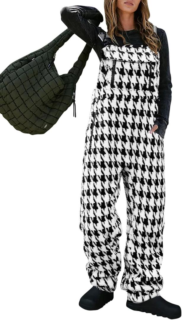 Yousify Women's Fleece Warm Overalls Winter Fuzzy Thick Adjustable Strap Bib Overalls Loose Casual Jumpsuits with Pockets (Black), Small