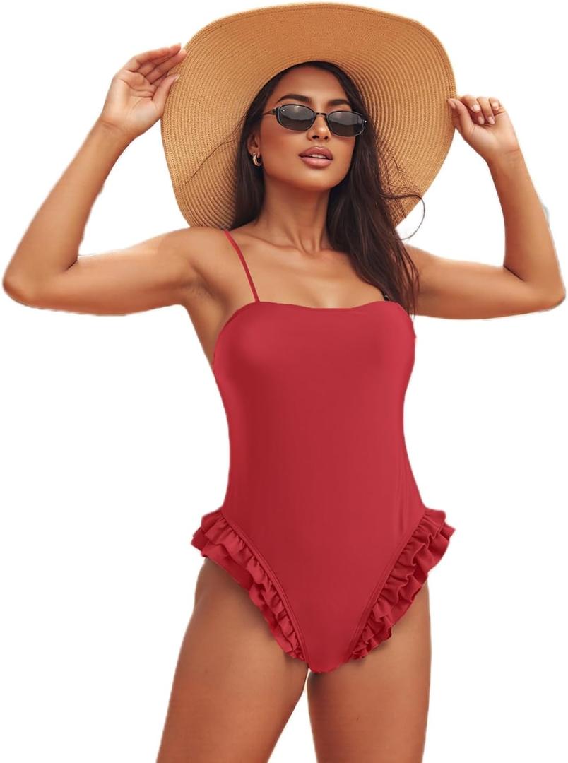 Mxiqqpltky One Piece Womens Swimsuits Y2k Ruffle Bathing Suit Spaghetti Strap Square Neck Tummy Control Slimming Swimwear, Large