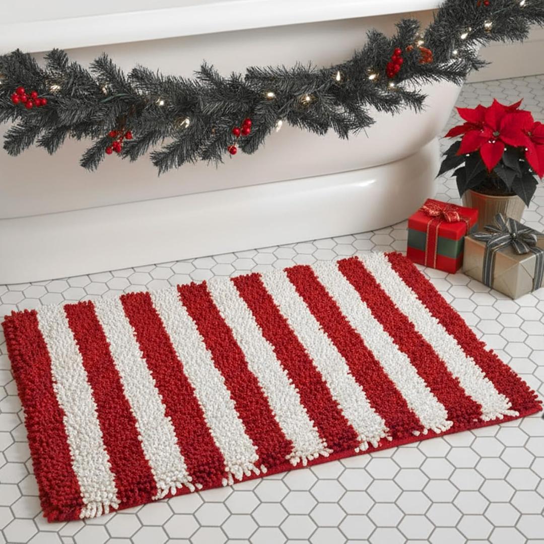 Dunzy Xmas Red and White Striped Bathroom Rug Chenille Bath Mat Candy Cane Area Rug Non Slip Microfiber Soft Washable Absorbent Floor Mat for Shower Bedroom Kitchen Decor (Red White,16 x 24 Inch)