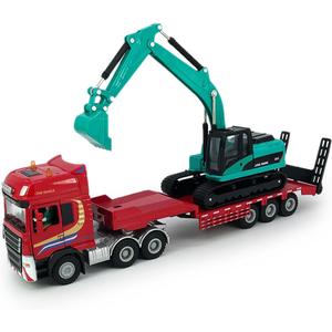 Flatbed Truck Toy with Crawler Excavator Toy Tractor Semi Tow Truck Transport Trailer Metal Diecast Construction Vehicles 2 in 1 Vehicle Playset Friction Powered Toy Trucks for Boys Kids Gift, red
