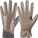 QOF Winter Genuine Leather Gloves for Women, Cashmere Warm Lined Finger Touchscreen Texting Driving Gloves (Brown, M)